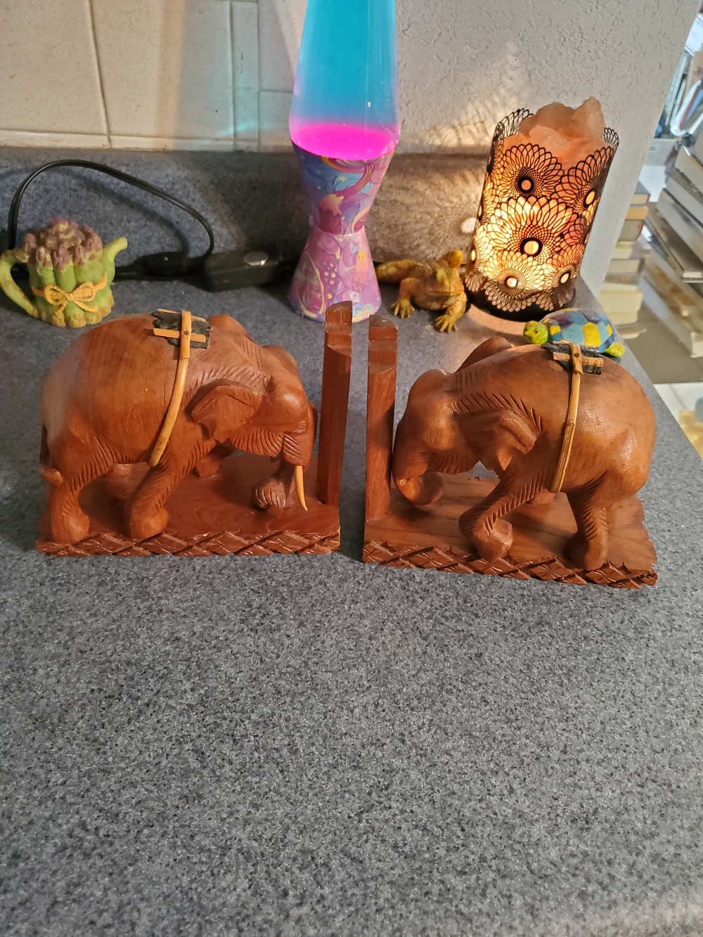 Vintage Hand Carved Wooden Elephant Bookends Brown Home Decor Flaws